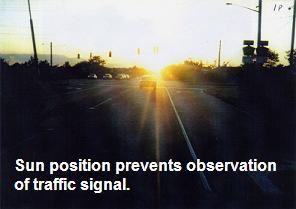 Setting sun aligned with roadway prevents seeing colors of overhead traffic signals